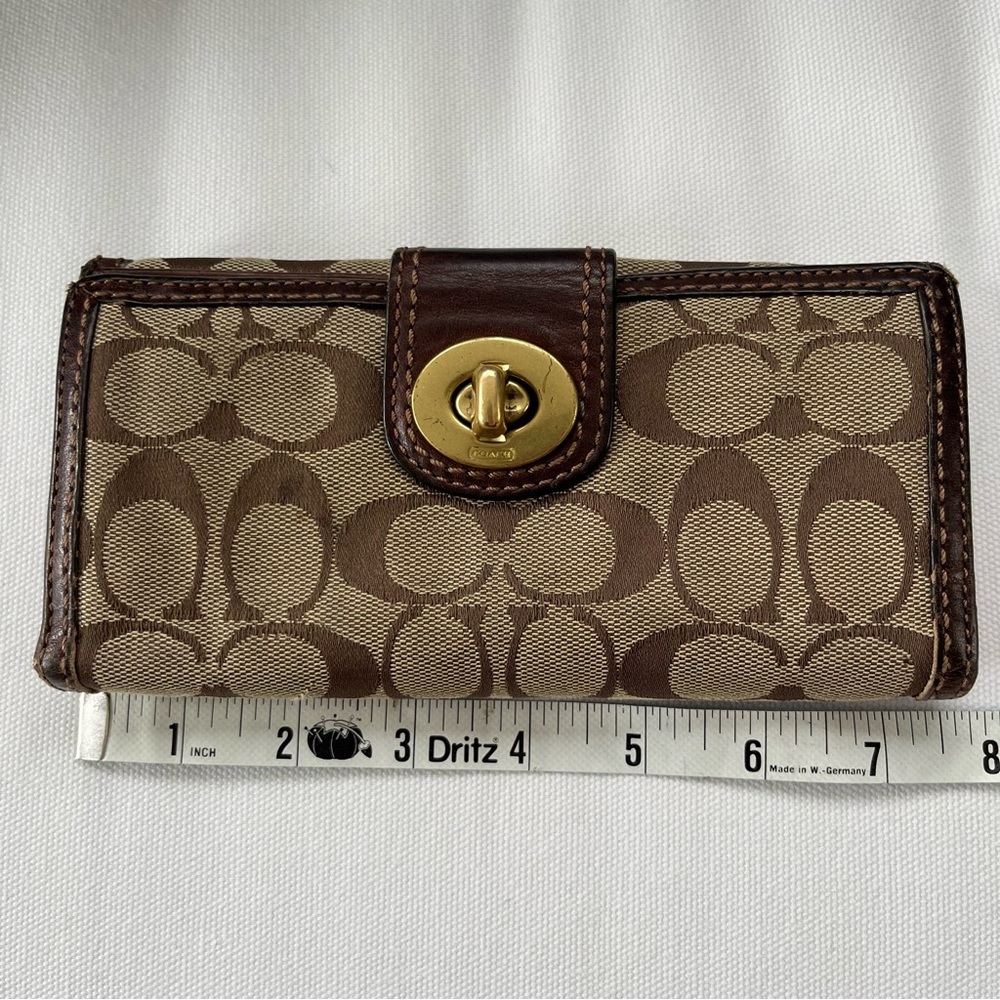 Coach Signature Print Canvas Leather Trim Brown Turnlock Long Fold Wallet - Picture 11 of 12